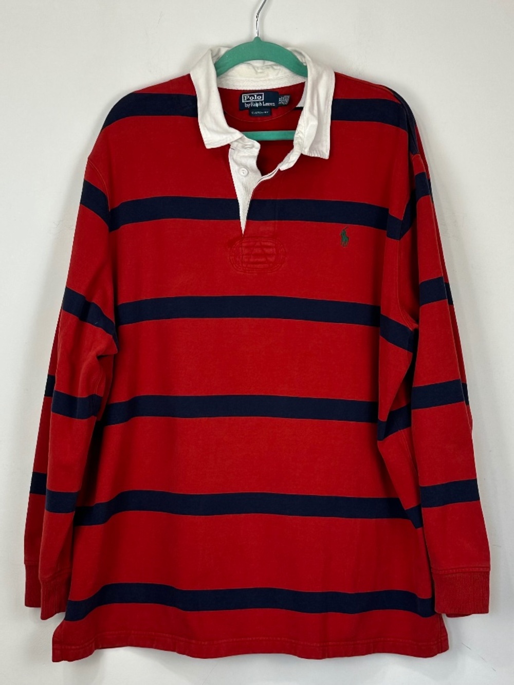 Vintage 1990's Polo Ralph Lauren Mens Blue Red Rugby Shirt 2X Preppy Classic Y2K